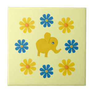 Azulejo De Cerámica Elefante amarillo primaveral, flores amarillas y a