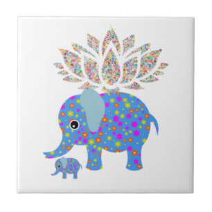 Azulejo de cerámica Elefante Azul Amor Floral