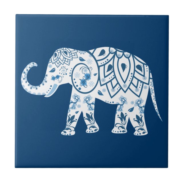 Azulejo De Cerámica Elefante Azul Pateado Ornate (Frente)