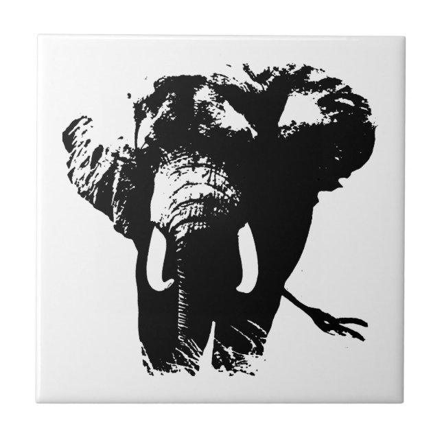 Azulejo De Cerámica Elefante de arte pop blanco y negro (Frente)