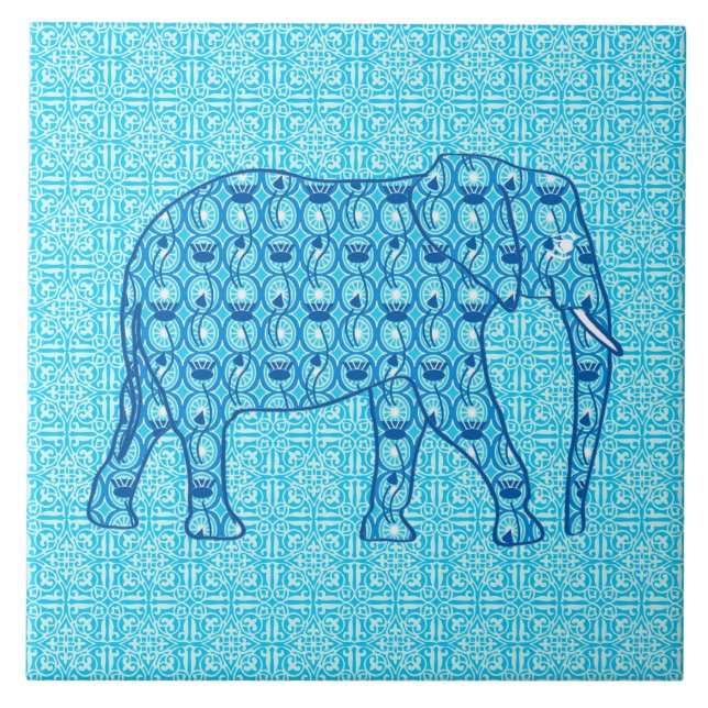 Azulejo De Cerámica Elefante de flores de Lotus - turquesa (Frente)
