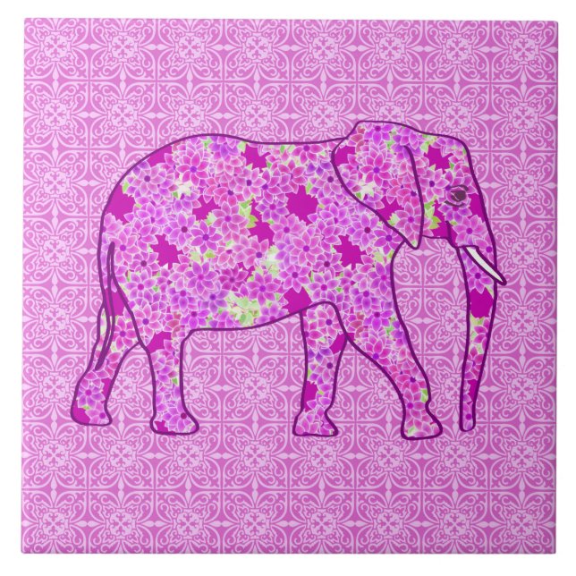 Azulejo De Cerámica elefante de flores - orquídea y magenta (Frente)