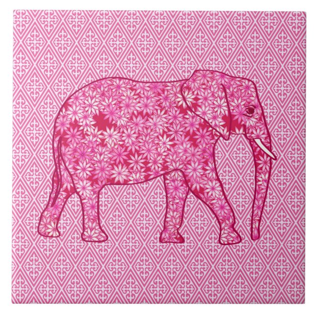 Azulejo De Cerámica Elefante de la flor - rosa del fucsia (Frente)