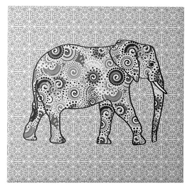 Azulejo De Cerámica Elefante del remolino del fractal - gris, blanco y (Frente)