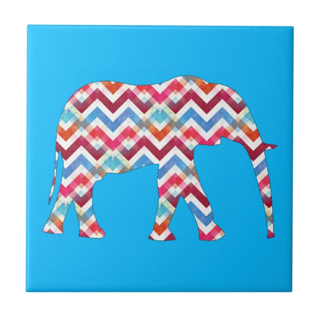 Azulejo De Cerámica Elefante enrrollado de Chevron del zigzag en azul (Frente)