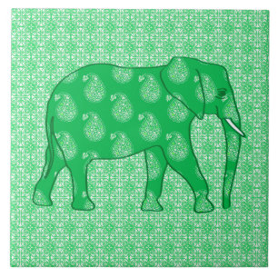 Azulejo De Cerámica Elefante paisley - verde jade y blanco