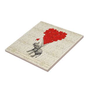 Azulejo De Cerámica Elefante romántico y globos cardíacos