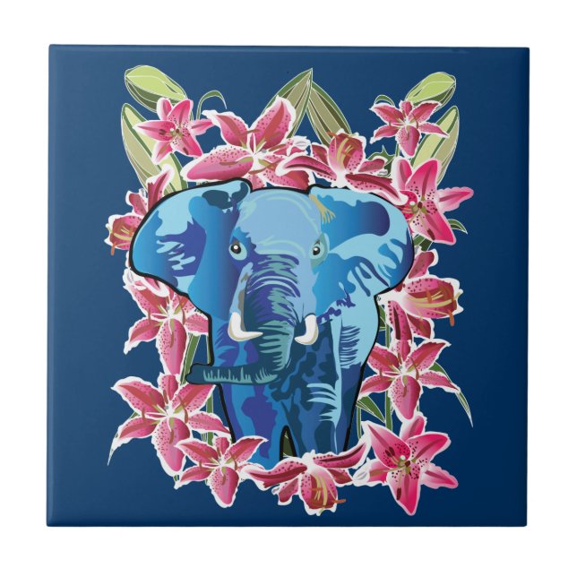 Azulejo De Cerámica Elefante y lirio (Frente)