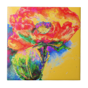 Azulejo De Cerámica Elegante acuarela roja floral Rojo Poppy