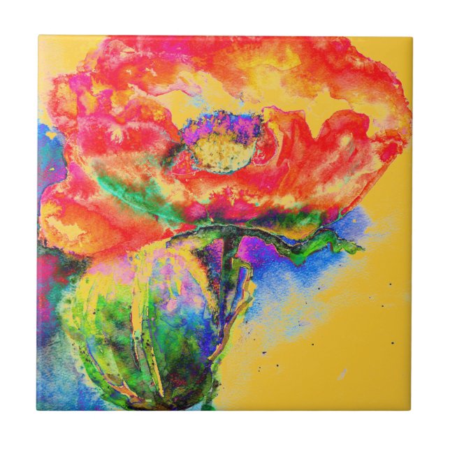 Azulejo De Cerámica Elegante acuarela roja floral Rojo Poppy (Frente)
