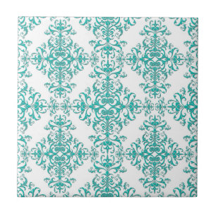 Azulejo De Cerámica Elegante aqua turquesa sobre patrón de damasco bla