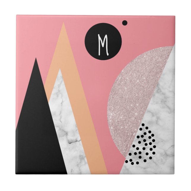 Azulejo De Cerámica Elegante rosa geométrico oro purpurina mármol blan (Frente)