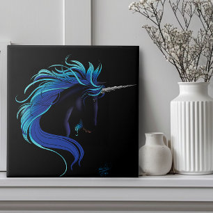 Azulejo De Cerámica Elegante Unicornio Negro Fantasía Mágica Azul Plat