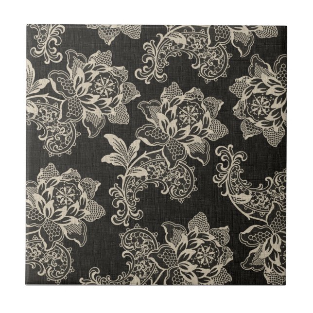 Azulejo De Cerámica Elegantes Florales negras y crema y Damask (Frente)