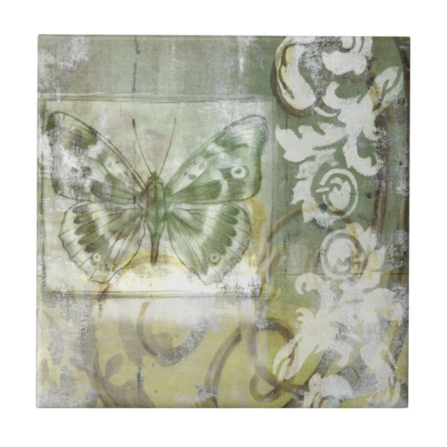 Azulejo De Cerámica Entrada de mariposa verde con puerta de hierro (Frente)