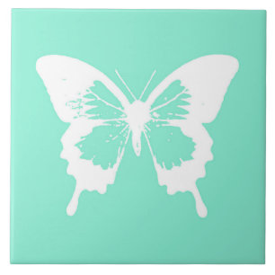 Azulejo De Cerámica Esbozo de mariposa, aqua y blanco