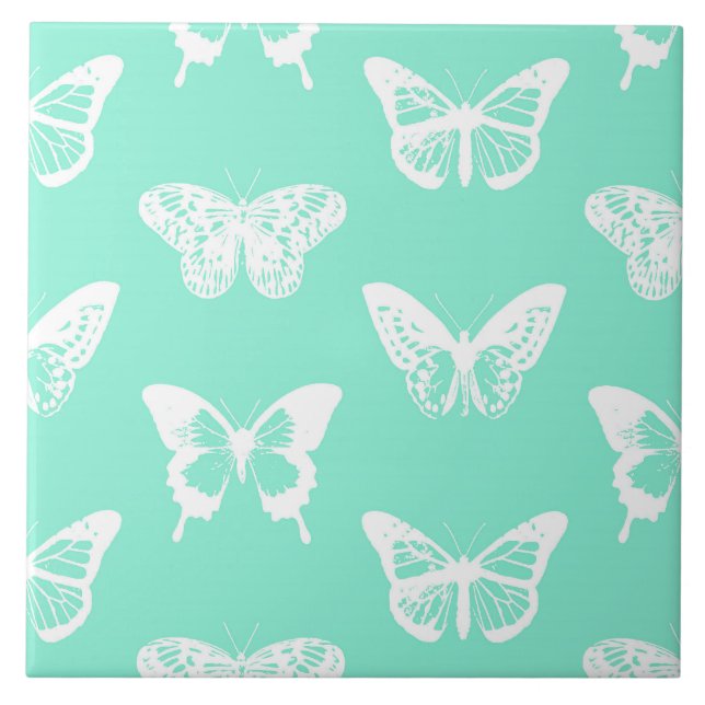 Azulejo De Cerámica Esbozo de mariposa, aqua y blanco (Frente)