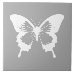 Azulejo De Cerámica Esbozo de mariposa, gris plateado y blanco