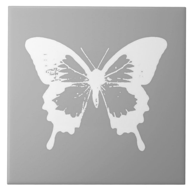 Azulejo De Cerámica Esbozo de mariposa, gris plateado y blanco (Frente)
