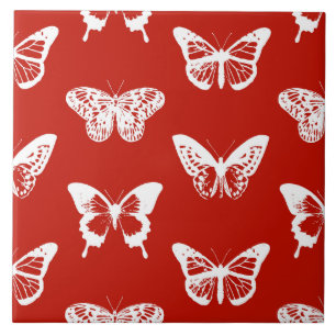Azulejo De Cerámica Esbozo de mariposa, rojo profundo y blanco
