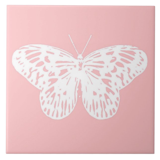 Azulejo De Cerámica Esbozo de mariposa, rosa concha y blanco (Frente)