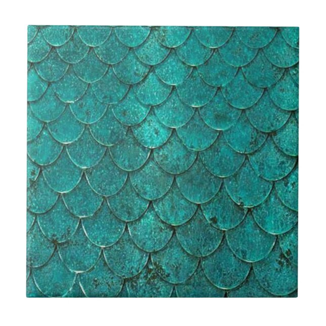 Azulejo De Cerámica Escalas verde azuladas azules de la sirena (Frente)