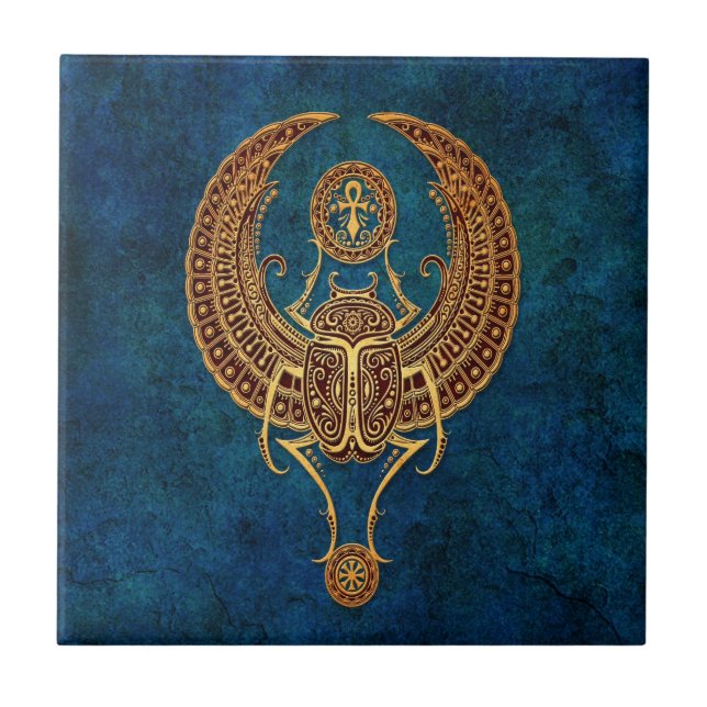 Azulejo De Cerámica Escarabajo egipcio con alas con Ankh - azul del (Frente)