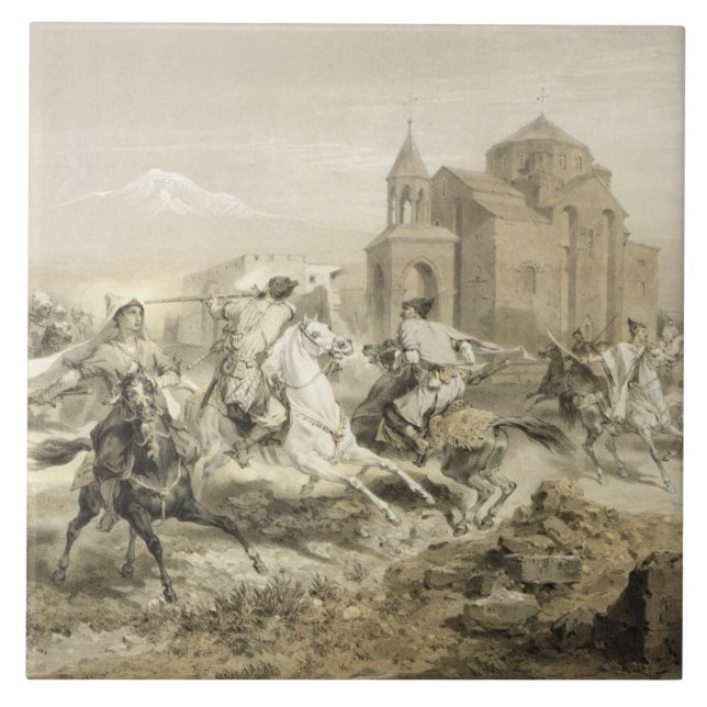 Azulejo De Cerámica Escaramuza de persas y de Kurds en Armenia, placa (Frente)