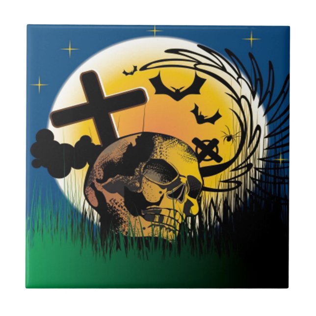 Azulejo De Cerámica Escena de Halloween embrujada (Frente)
