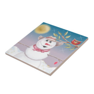 Azulejo De Cerámica Escena De Invierno De Cowboy Snowman Y Owl