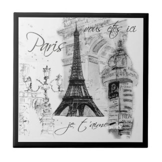 Azulejo De Cerámica Escena de la Torre Eiffel Blanco y Negro de París