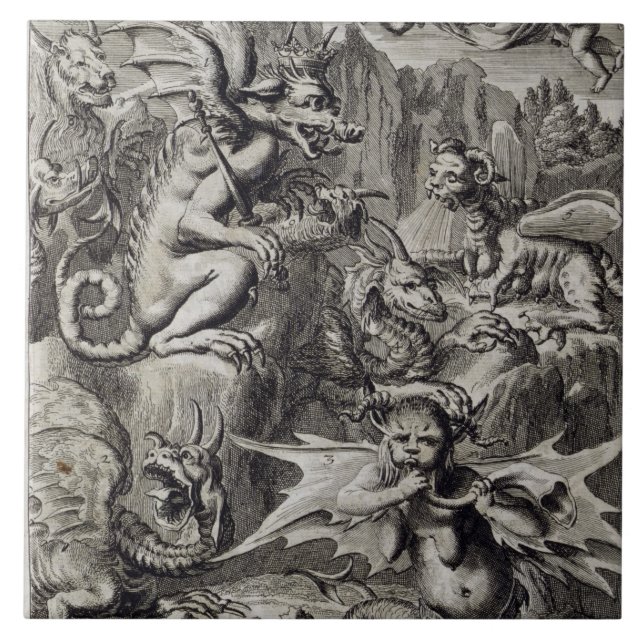 Azulejo De Cerámica Escena del infierno, ilustracion de la pieza 3 Cha (Frente)