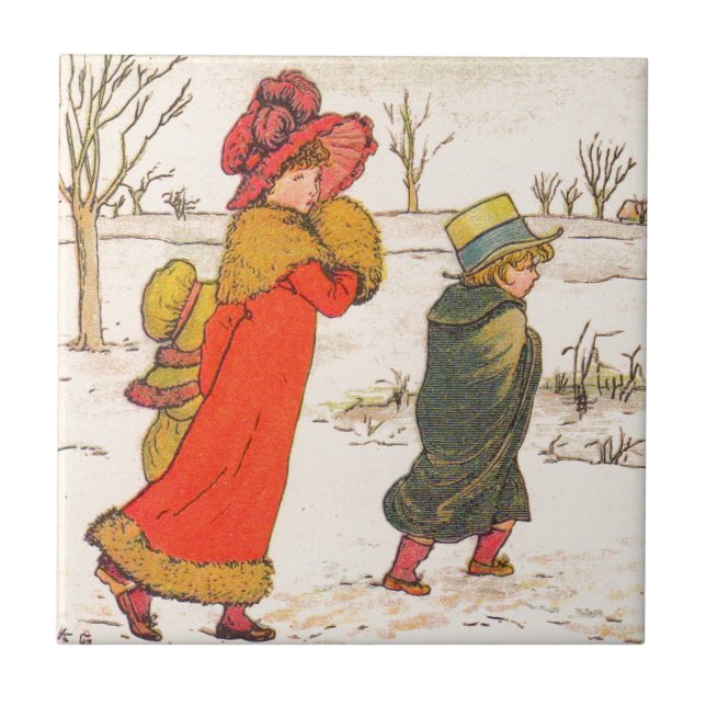 Azulejo De Cerámica Escena del invierno de Kate Greenaway (Frente)