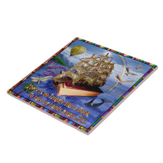 Azulejo De Cerámica Escena del océano de la nave del libro con la cita