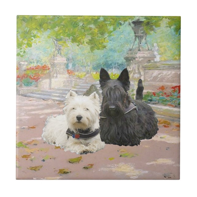 Azulejo De Cerámica Escocia y Westie en un jardín (Frente)
