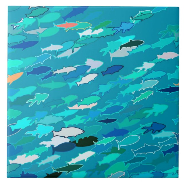 Azulejo De Cerámica Escuela de Pescado, Turquesa, Azul y Aqua (Frente)