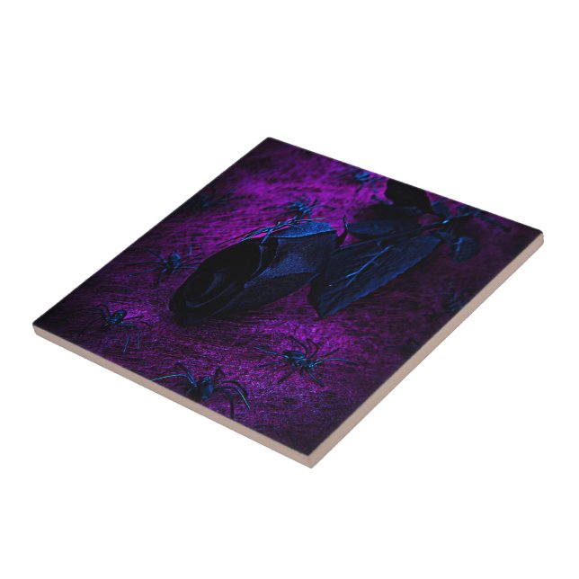 Azulejo De Cerámica Espeluznante Rosa de material negro, arañas negras (Lado)