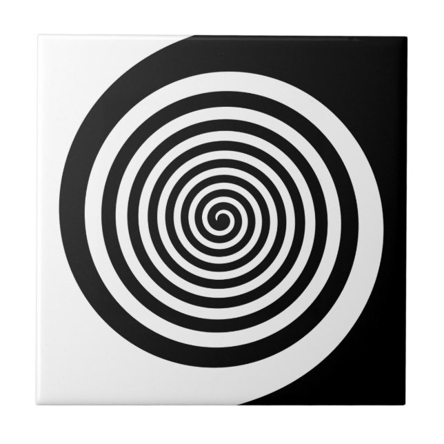 Azulejo De Cerámica Espiral hipnótica en blanco y negro (Frente)