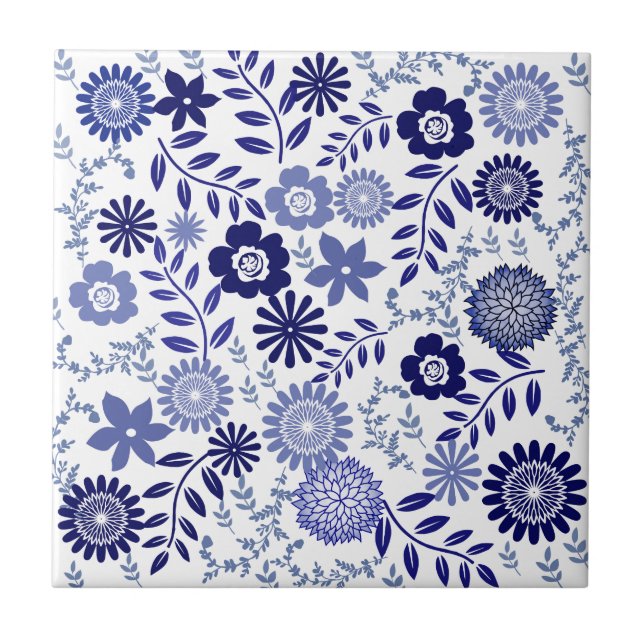 Azulejo De Cerámica Estampado de flores azul y blanco (Frente)