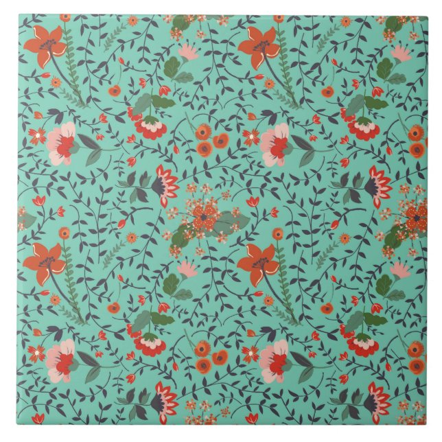 Azulejo De Cerámica Estampado de flores azul y rosado del moho verde (Frente)
