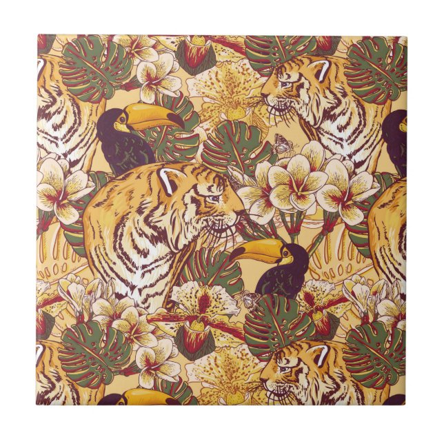 Azulejo De Cerámica Estampado de flores tropical con el tigre (Frente)