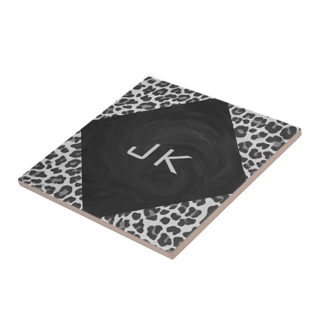 Azulejo De Cerámica Estampado leopardo blanco y negro del monograma (Lado)