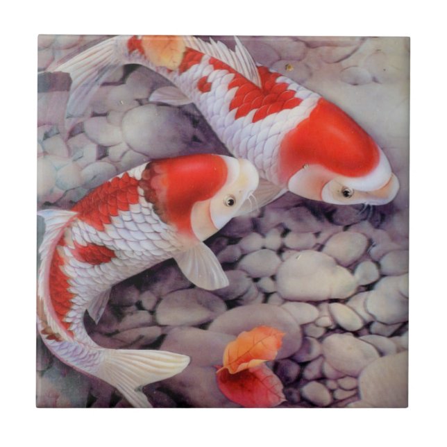 Azulejo De Cerámica Estanque de peces rojo y blanco de Koi (Frente)