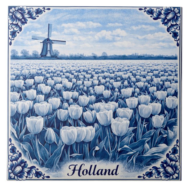 azulejo de cerámica estilo Delft Blue con tulipane (Frente)