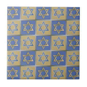Azulejo De Cerámica Estrella de David Judaica Metal Dorado Azul