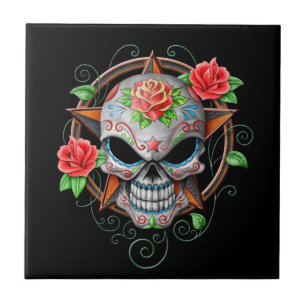 Azulejo De Cerámica Estrella del cráneo del azúcar, negra