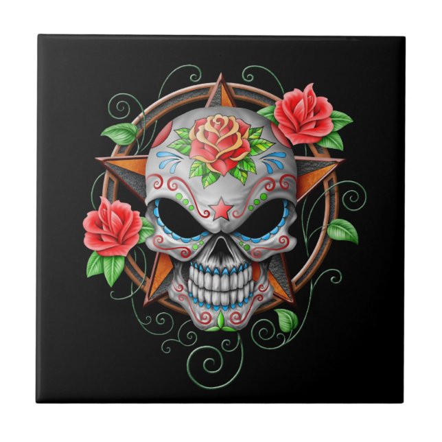 Azulejo De Cerámica Estrella del cráneo del azúcar, negra (Frente)