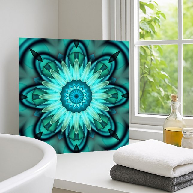 Azulejo De Cerámica Estrella floral Tile geométrico turquesa Verde azu (Ceramic bathroom tile with an original abstract fractal design in turquoise blue, green and teal)