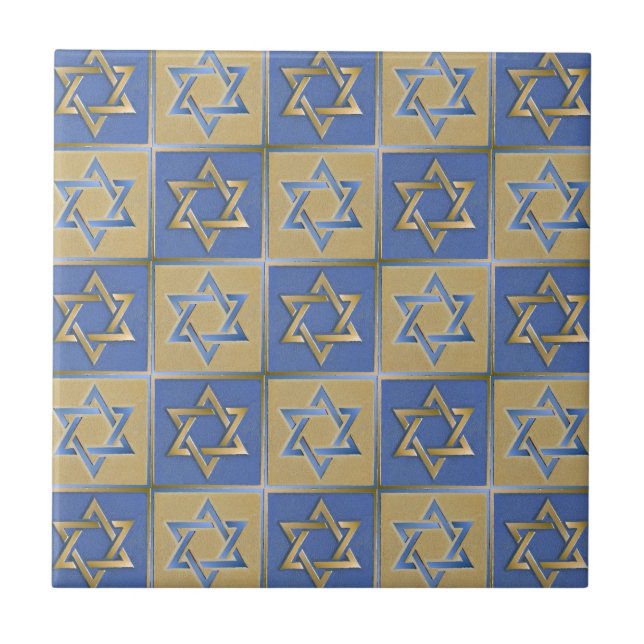 Azulejo De Cerámica Estrella Judaica De David Metalizado Gold Blue (Frente)