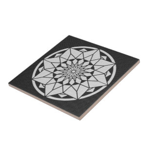 Azulejo De Cerámica Estrella Mandala de punto negro y blanco